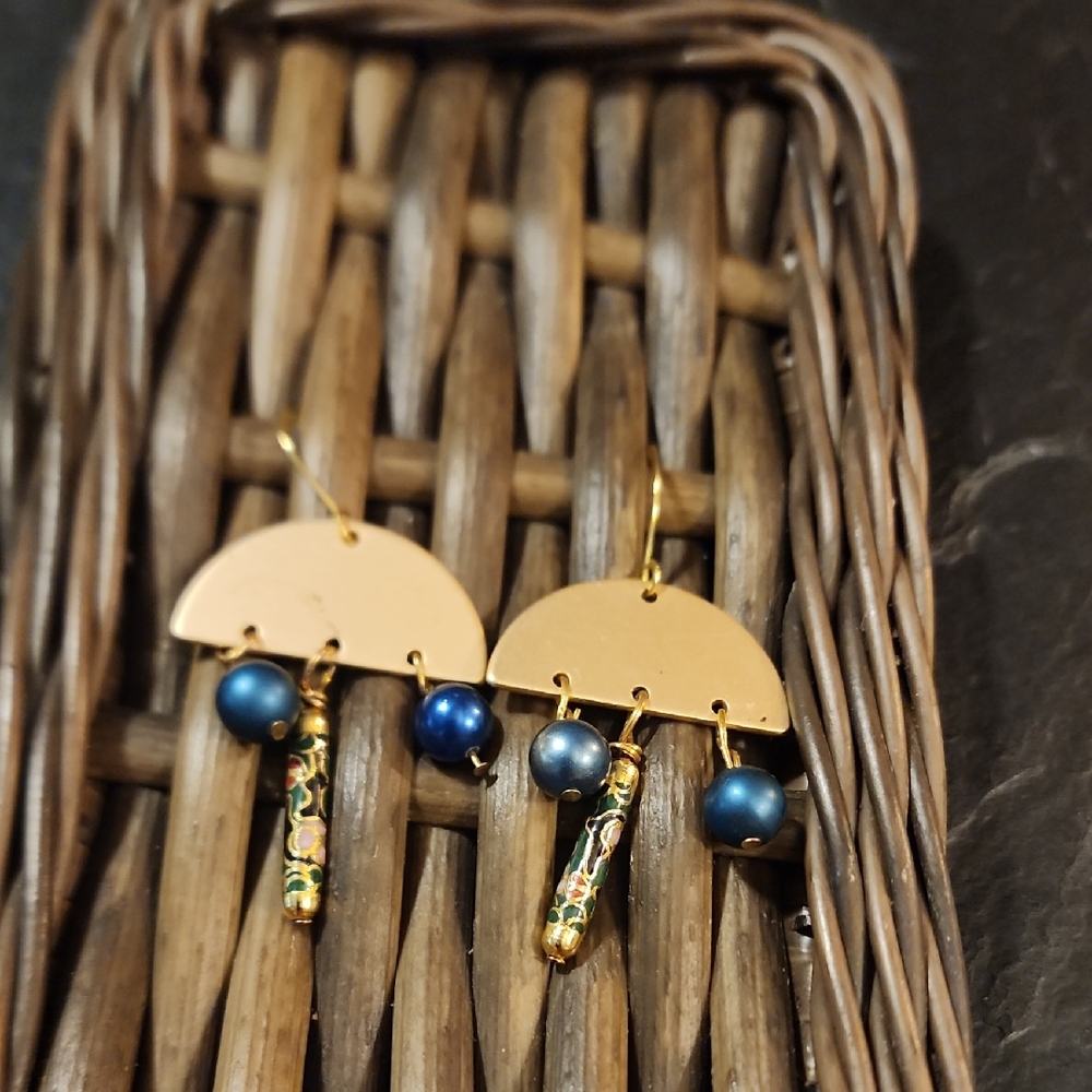 Gold and Blue Statement Earrings with Intricate Design